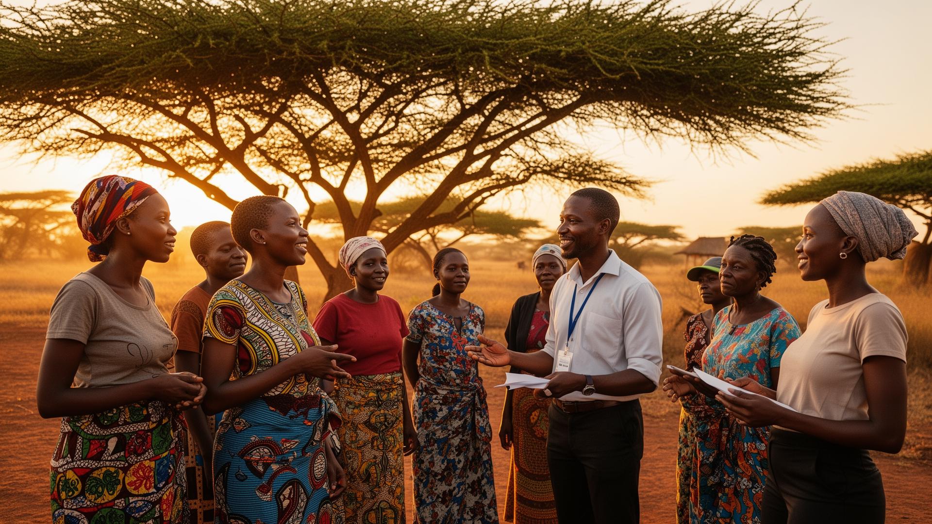 A microfinance officer talking with a group of Kenyan community members under acacia trees at golden hour