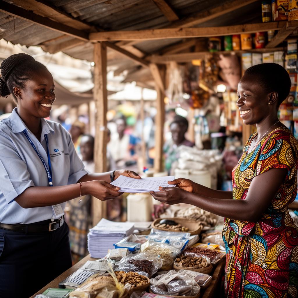 A Legacy Africa Micro-Credit officer handing loan documents to a smiling small business owner in a Kenyan market