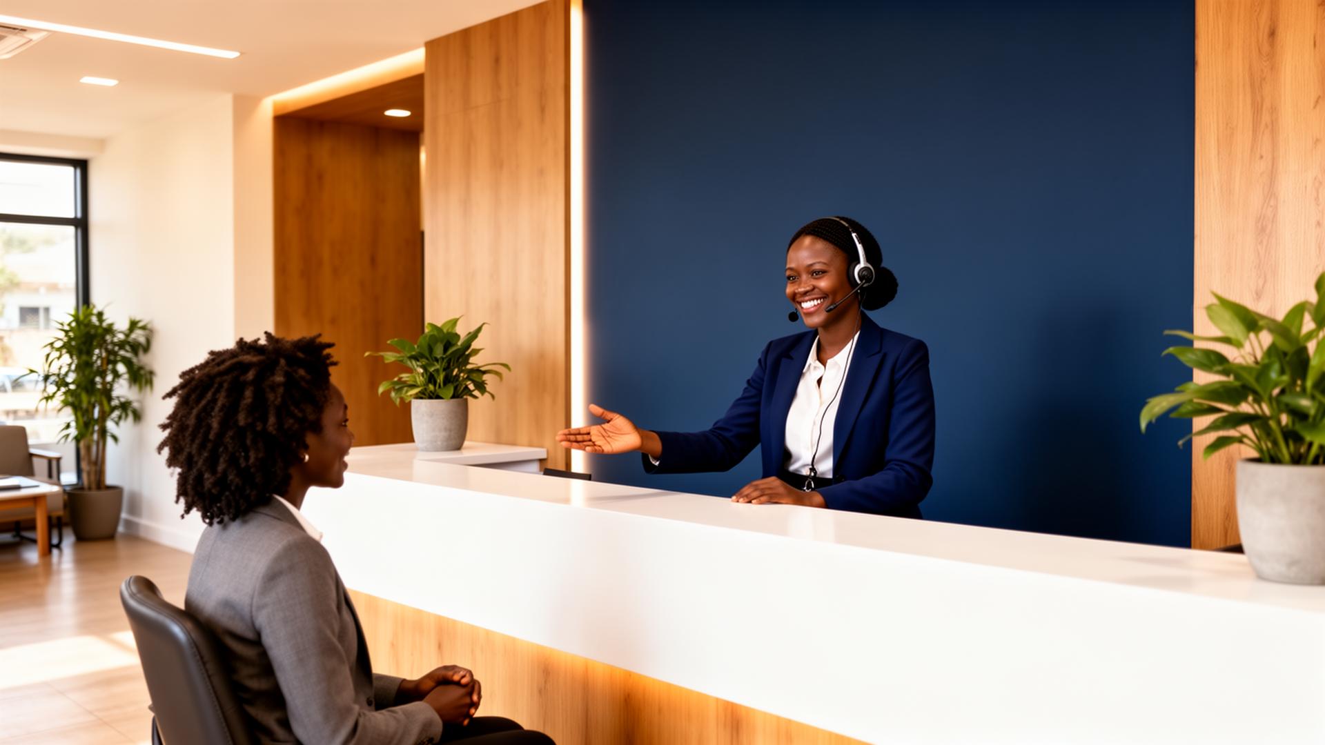 A friendly Legacy Africa Micro-Credit customer service representative welcoming a client at a modern branch reception desk