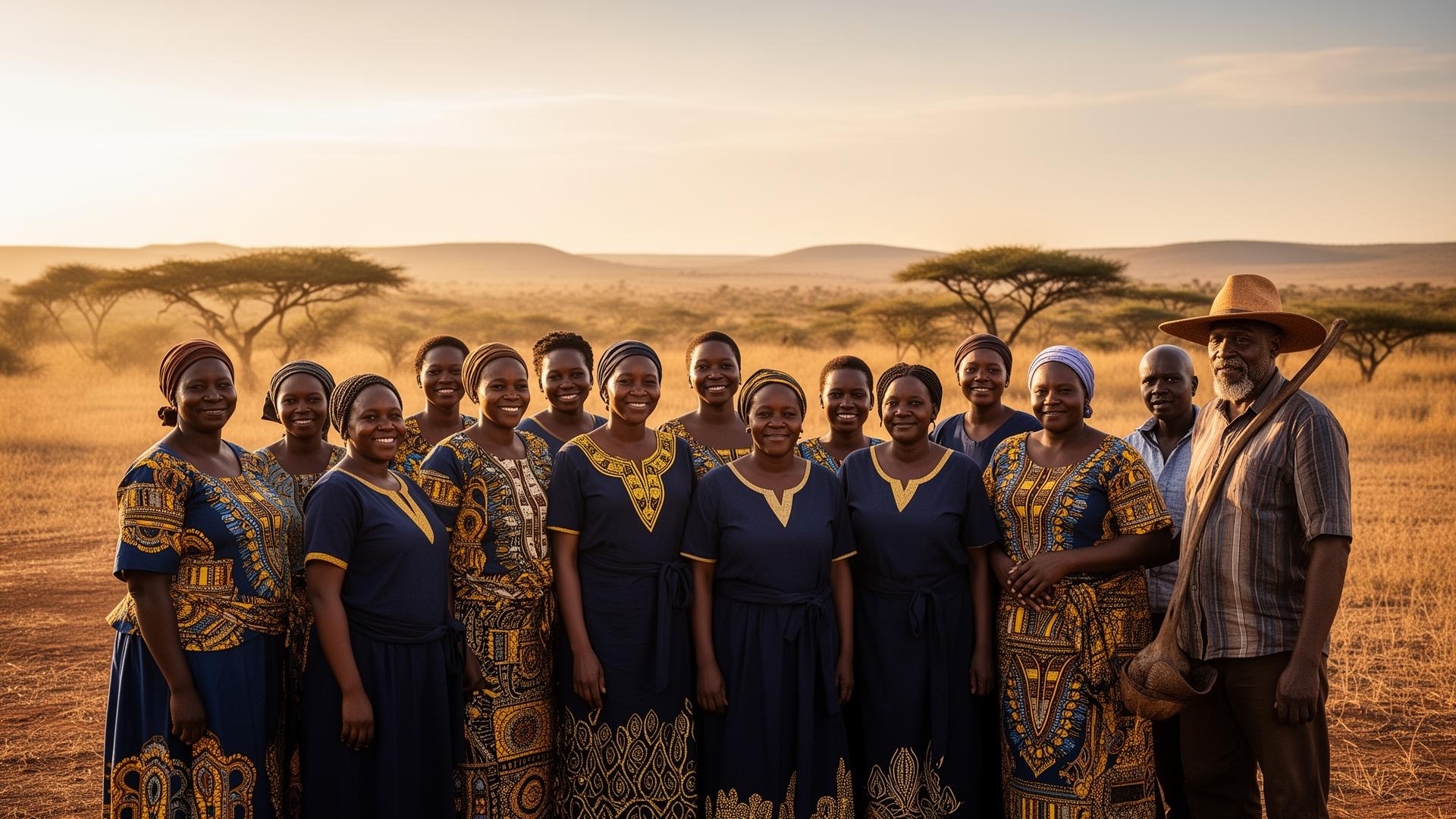 A proud group of Kenyan women entrepreneurs, youth and a farmer standing together at golden hour in the savannah, representing Legacy Africa Micro-Credit's community impact