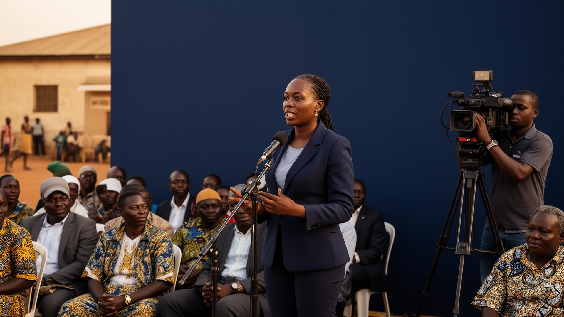 A Legacy Africa Micro-Credit spokesperson addressing an audience and TV camera at a community press event in Kenya