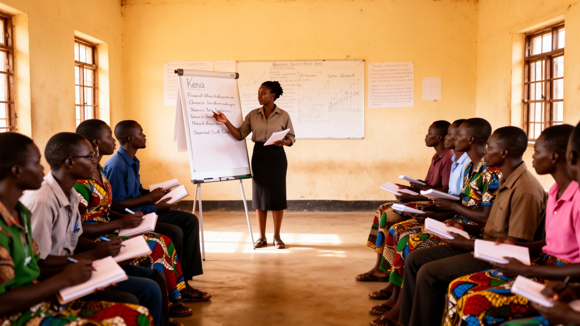 A financial literacy trainer presenting to attentive small business owners in a community hall