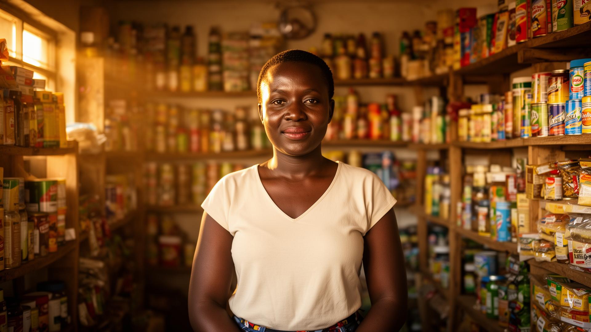 A Kenyan woman entrepreneur standing proudly in her well-stocked retail shop